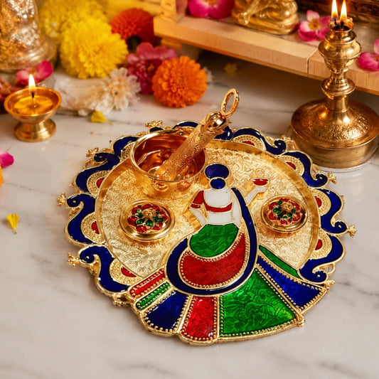 Nutts Decorative Traditional Pooja Thali for Daily Worship Festival Celebration Temple Home Mandir Diwali Navratri Karwa Chauth Elegant Prayer (PoojaP35-2)