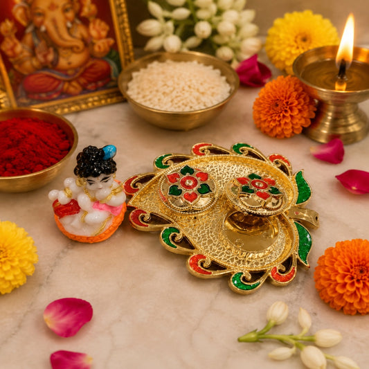 Nutts Decorative Pooja Thali Haldi Kumkum Chandhan Holder Plate Gifts With Small Lord Set for Home & Office Decoration & Gifting (Krishna Ji Leaf Shape) (PoojaP21-2)