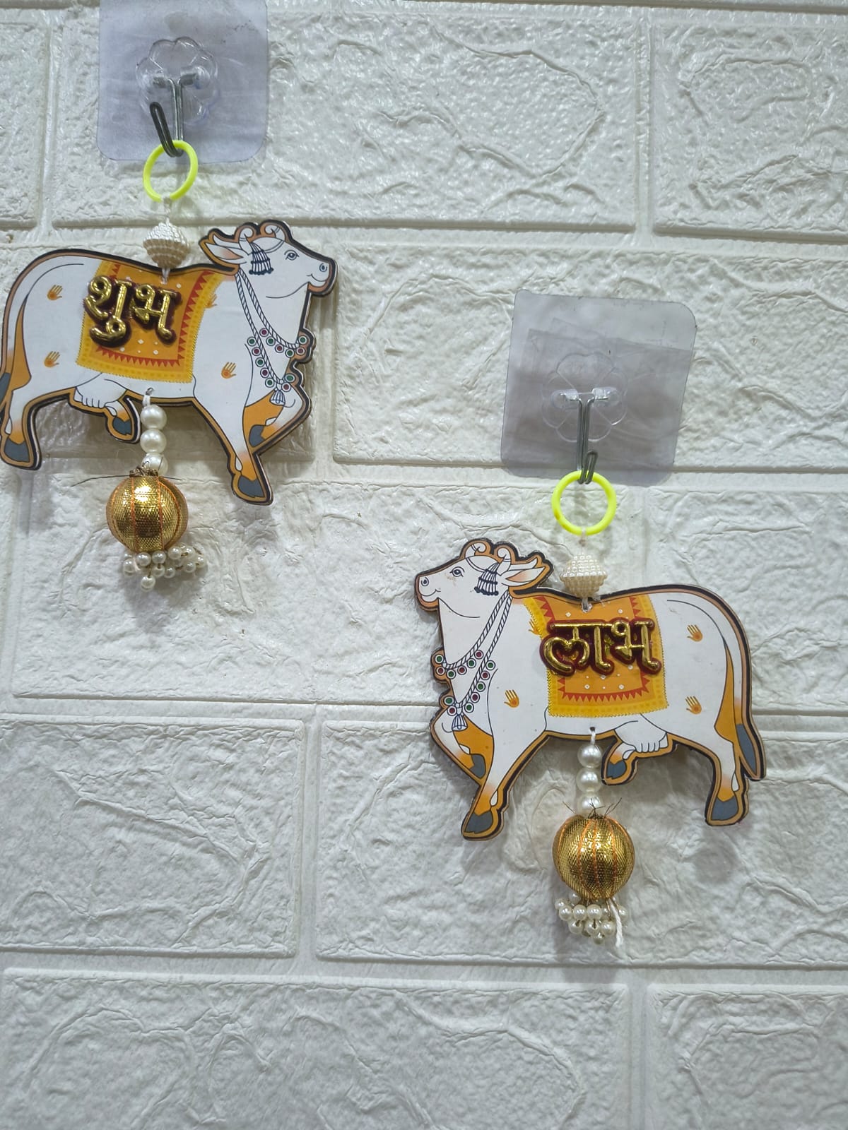 Handmade MDF Cow Pichwai Shubh Labh Hanging | Side Door & Wall Hanging with Latkan | Traditional Indian Decor | Goodluck & Prosperity Hanging for Entrance Pack of 2 (SMALL127)