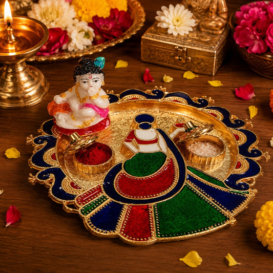 Nutts Decorative Traditional  Brass Pooja Thali for Daily Worship Festival Celebration Temple Home Mandir Diwali Navratri Karwa Chauth Elegant Prayer (PoojaP35-4)