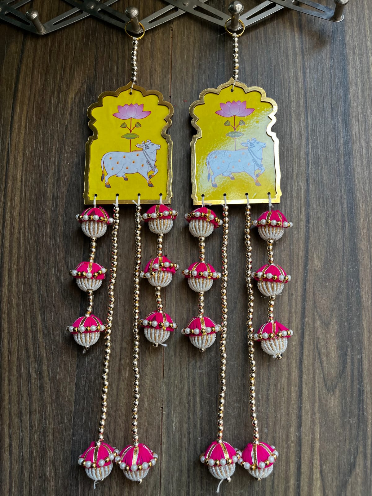 Nutts Handmade Cow Lotus MDF Door Hanging Decorative Latkan | Home Entrance Festival Decoration Pink Beaded Tassel Hanging Pack of 2 (SMALL80-3)