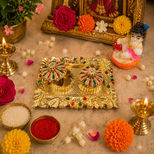 Nutts Handmade Decorative Hindu Pooja Plate Traditional Prayer Thali for Diwali Navratri and Home Decor With Small Lord Set for Home & Office Decoration & Gifting (Krishna Ji Rectangle) (PoojaP39-2)