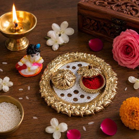 Nutts Decorative Pooja Thali Haldi Kumkum Chandhan Holder Plate Gifts With Small Lord Set for Home & Office Decoration & Gifting  (PoojaP38-2)