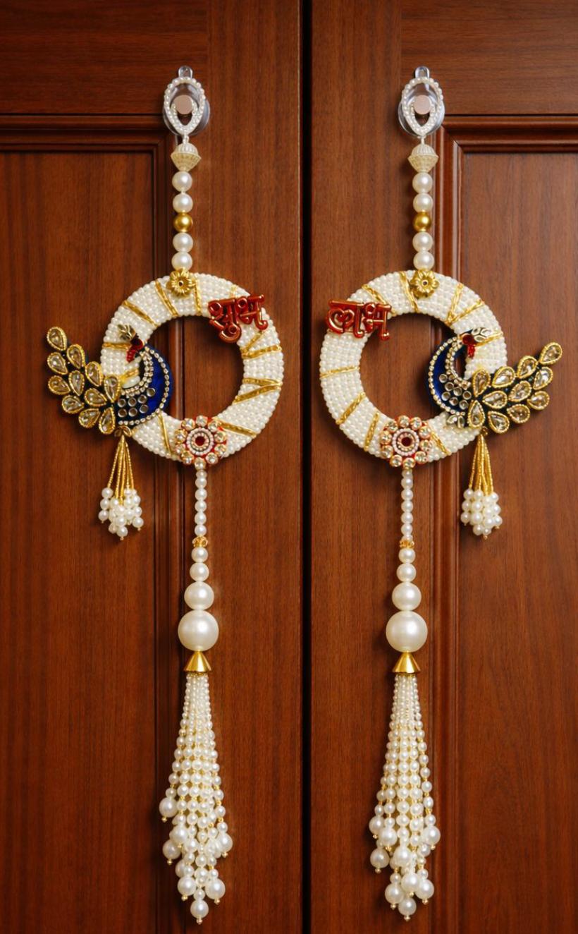 Nutts Decorative Shubh Labh Peacock Pearl Door Hanging Set for Home Entrance Mandir Wall Decor Traditional Festive Pooja Decoration Pack of 2 (SMALL193)
