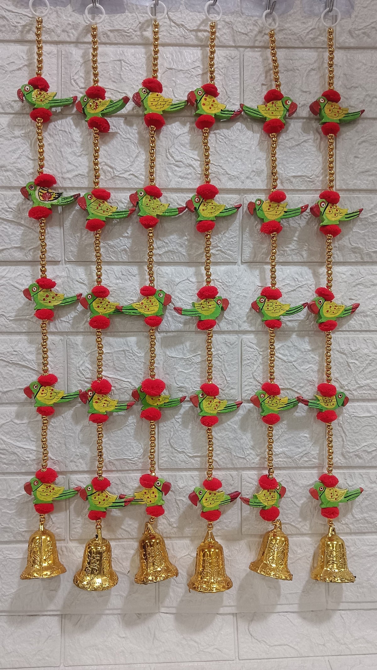 Nutts Handmade Decorative Wooden Parrot Toran | Traditional Pom-Pom Beads Bell Toran | Hanging for Home Entrance and Main Door Decoration (PMPMT101)