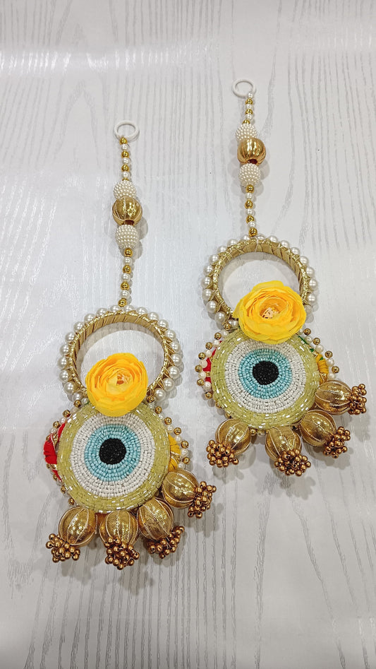 Nutts Handmade Evil Eye Hanging | Traditional Decorative Moti Chudi Florel Evil Eye Hanging for Main Door (Pack of 2)