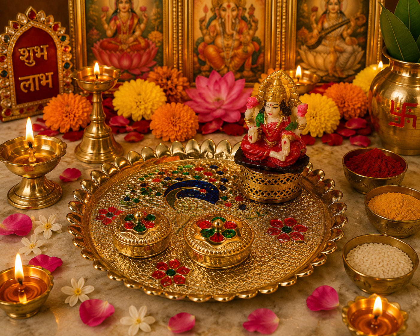 Nutts Decorative Traditional Peacock Pooja Thali with Idol Elegant Festival Prayer Plate for Home Temple Daily Worship Religious Rituals Festive Decoration 1 Plate 1 laksmi ji (PoojaP32-1)