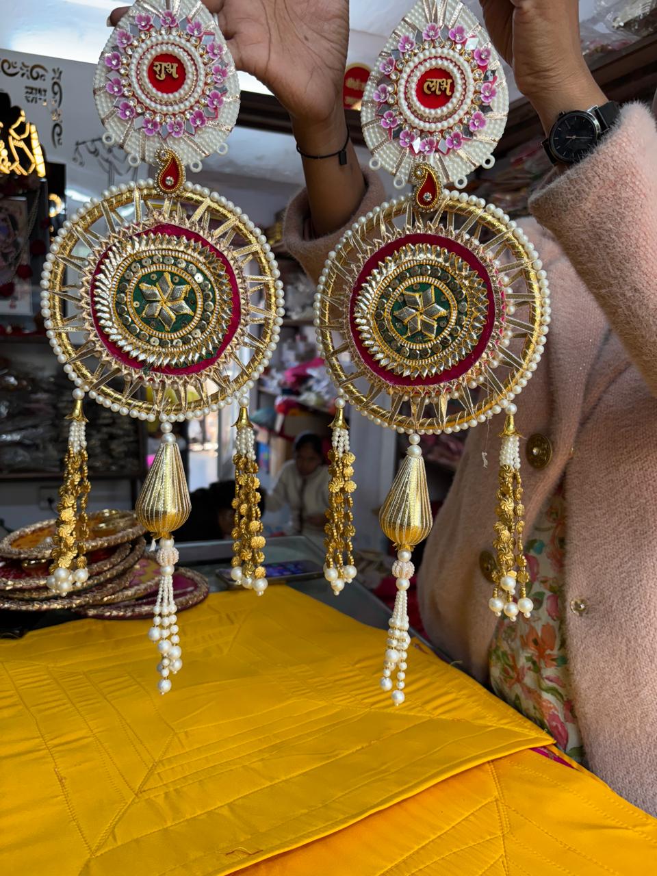 Nutts Shubh Labh Premium Door Hanging Set for Home Décor | Handmade Pearl & Beaded Decorative Hanging with Tassels | Main Door, Entrance, Diwali, Housewarming & Pooja Decoration (Pack of 2) (Small160)