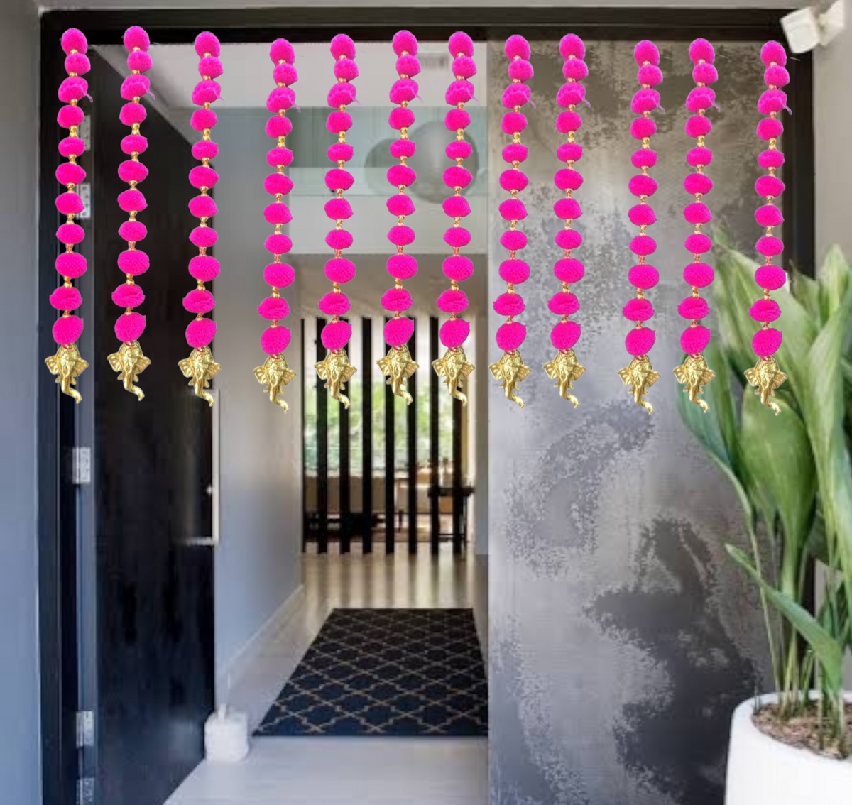 Nutts Handmade Wall Door Pom Pom String with Golden Beads, Ganesha Heads, Garland Bandhwar Decoration Item for Home Décor Diwali Festival, Navratri, Wedding (12 inch 12 Strings) (SMALL84)