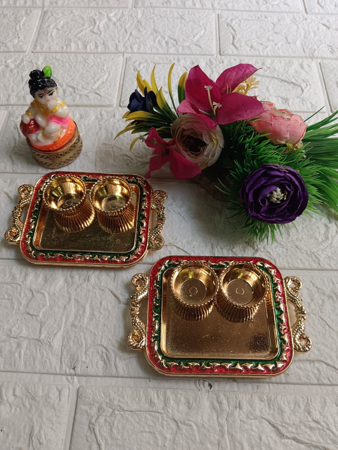 Nutts Decorative Ji Pooja Thali Traditional Festival Puja Plate for Diwali Navratri Housewarming Temple Rituals Home Decoration (PoojaP26-3)