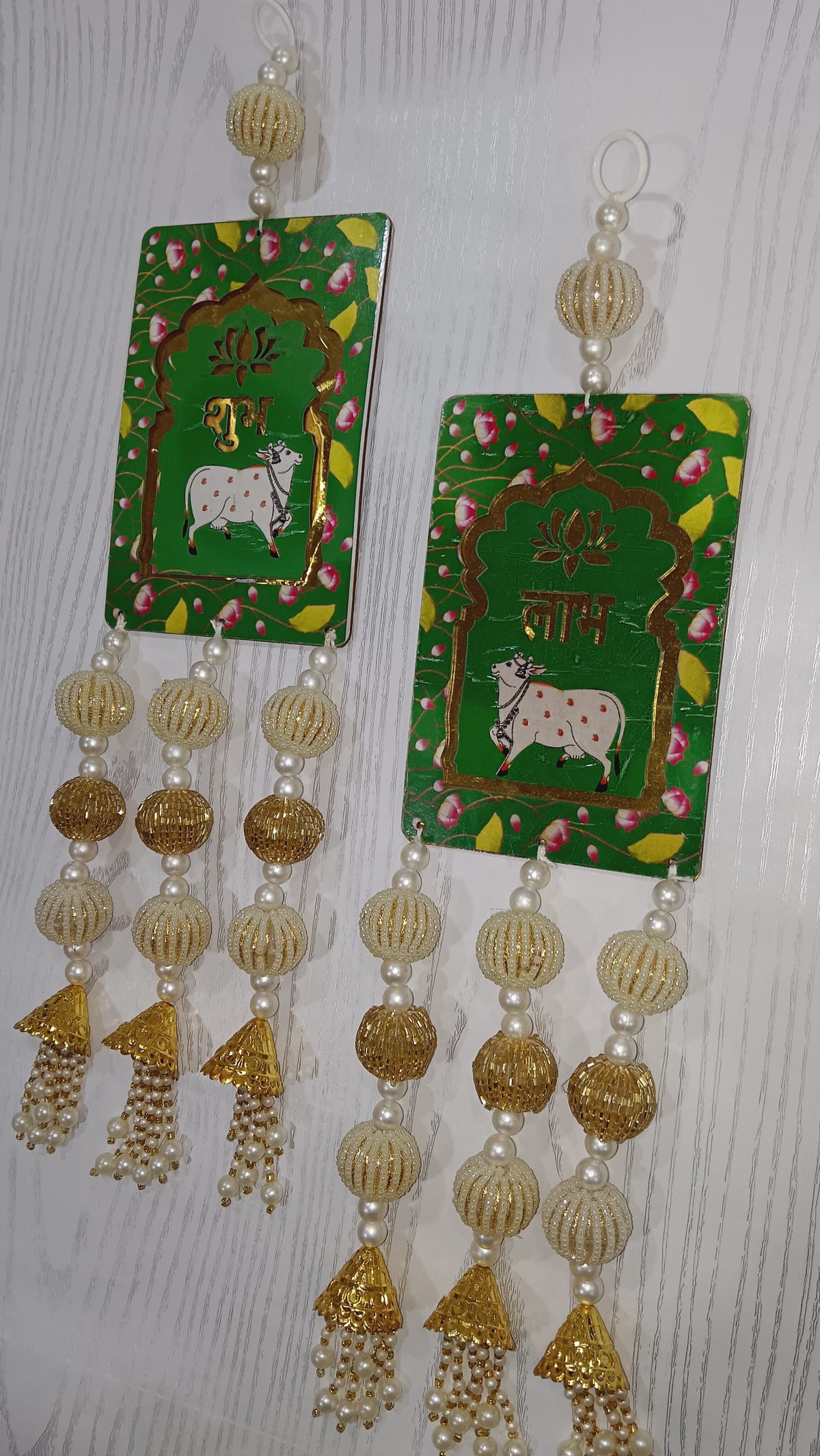 Nutts Handcrafted Shubh Labh MDF Door Hanging with Cow Design Decorative Beaded Tassels Lotus Motif Wall Hanging for Home Entrance Festive Decor Pack of 2 (SMALL115-1) (Green)