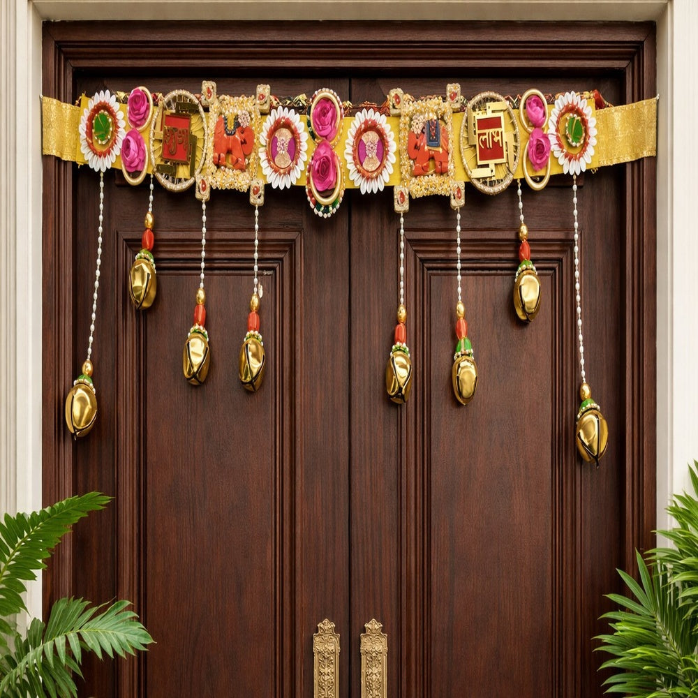 Nutts Decorative Swastik Shubh Labh Wooden Elephnat Ghungroo Bandhanwar For Door Decoration Festival Decoration