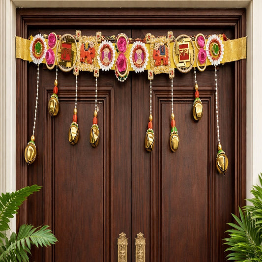 Nutts Decorative Swastik Shubh Labh Wooden Elephnat Ghungroo Bandhanwar For Door Decoration Festival Decoration