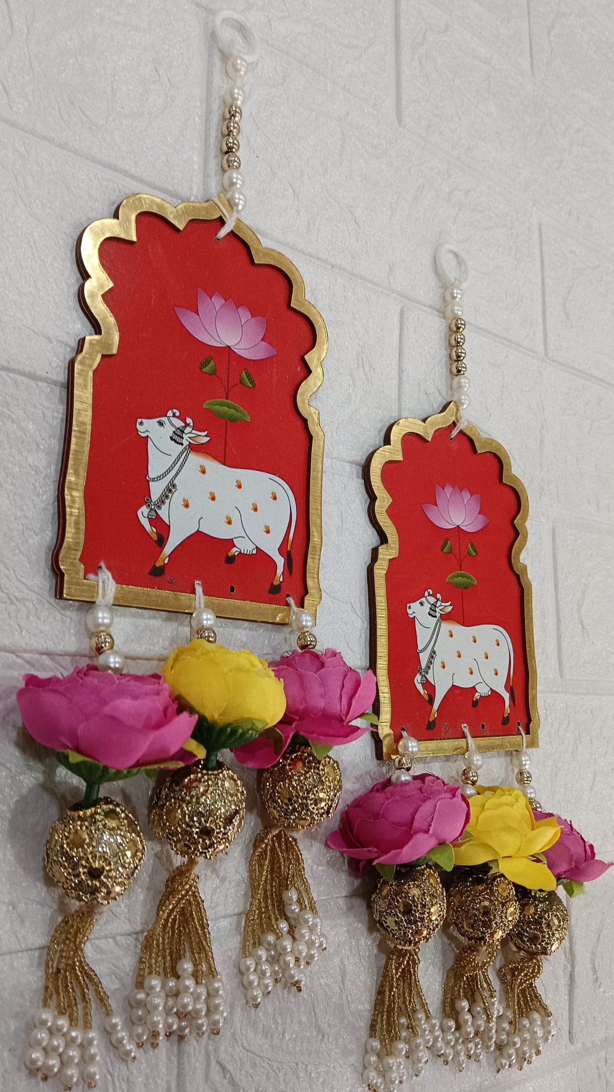Nutts Handmade Cow MDF Door Hanging Wall Decor | Artificial Flowers Pearl Tassels Traditional Festive Entrance Hanging Decorations (Pack of 2)