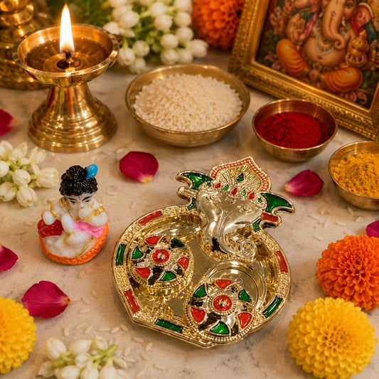 Nutts Decorative Pooja Thali Haldi Kumkum Holder Plate Gifts With Small Lord Set for Pooja Gifting (Krishna Ji ) (PoojaP22-1)
