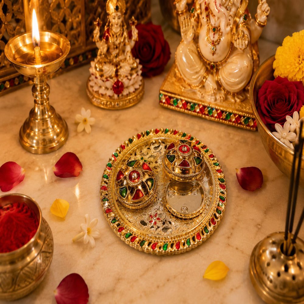 (Combo Of 1 Pc Tilak Plater & Laxmi Ji) Traditional Pooja Thali, Diwali Decoration Sindoor Dibbi For Rakhi Rakshabandhan, Tilak With Kumkum,Haldi Holder Uniqe Decorative Plater