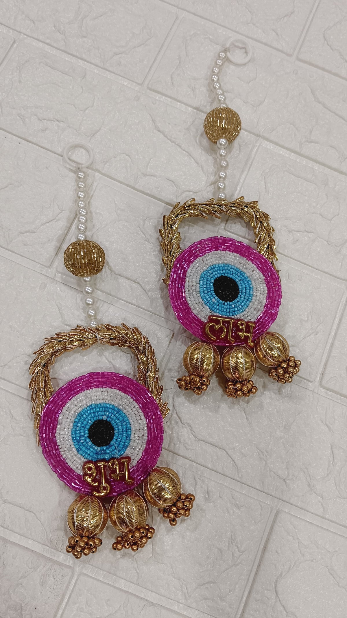 Nutts Handmade Evil Eye Hanging | Traditional Decorative Moti Chudi Florel Evil Eye Hanging for Main Door (Pack of 2 (Pink))