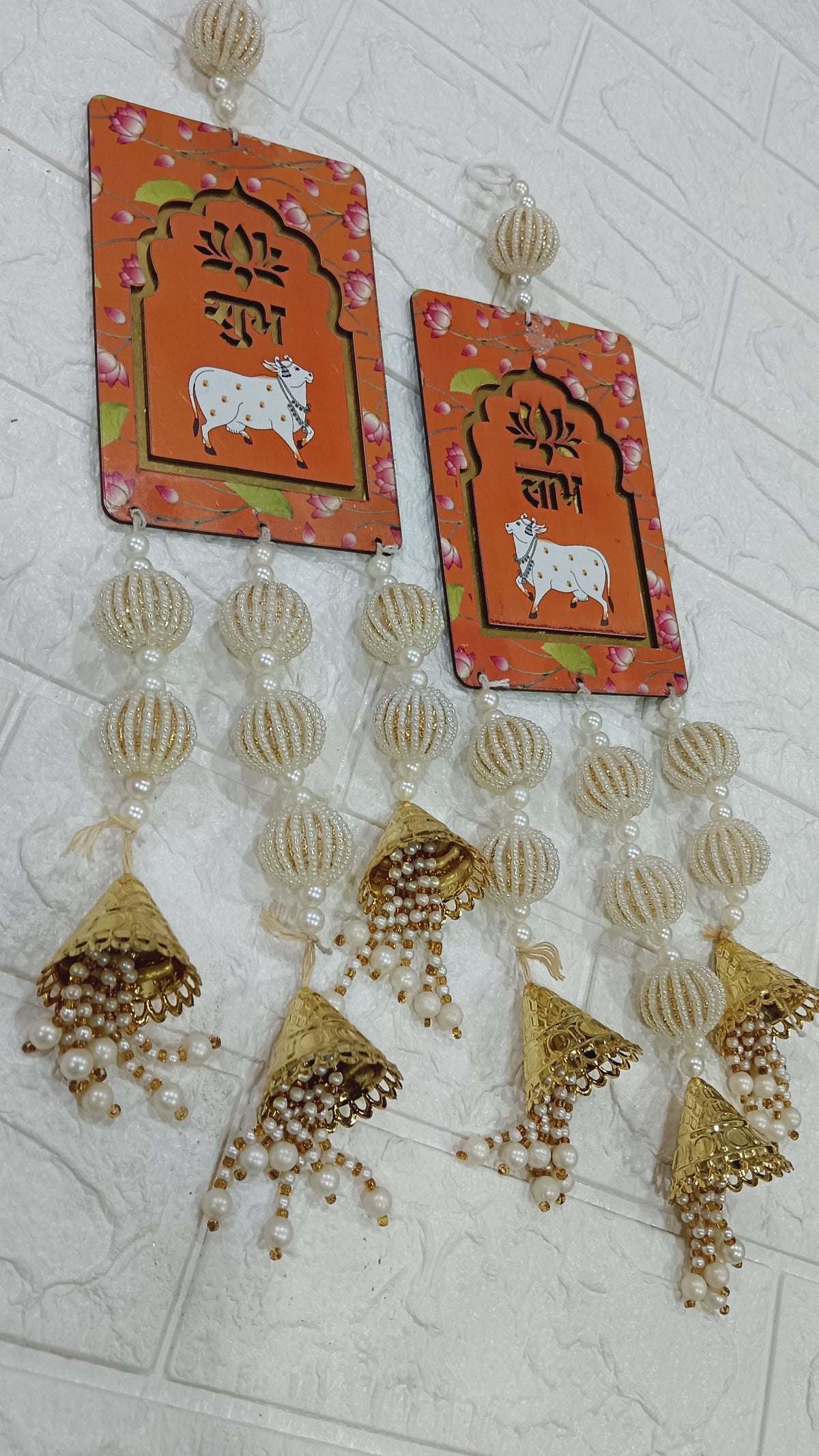 Nutts Handcrafted Shubh Labh MDF Door Hanging with Cow Design Decorative Beaded Tassels Lotus Motif Wall Hanging for Home Entrance Festive Decor Pack of 2 (SMALL115-2) (Oragne)