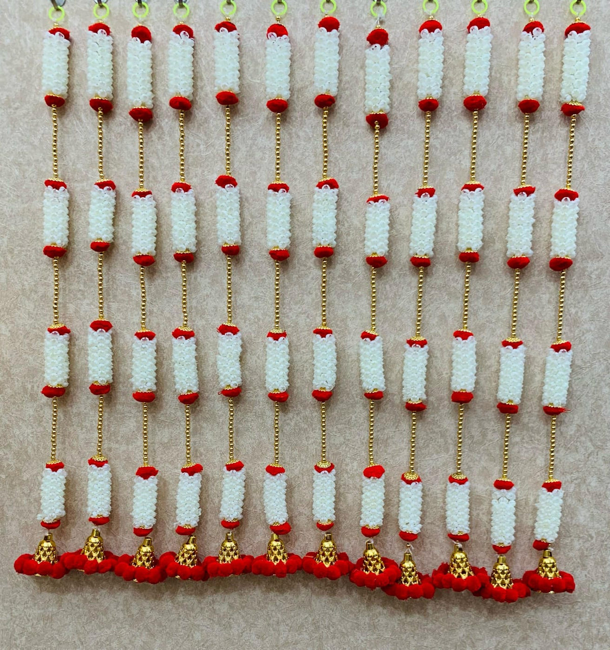 Mogra Toran Wall Hanging, Traditional Flower Garland, Red White Orange, Festival Decor Pack of 6 (MOGRA [ 22])(MOGRAH11)