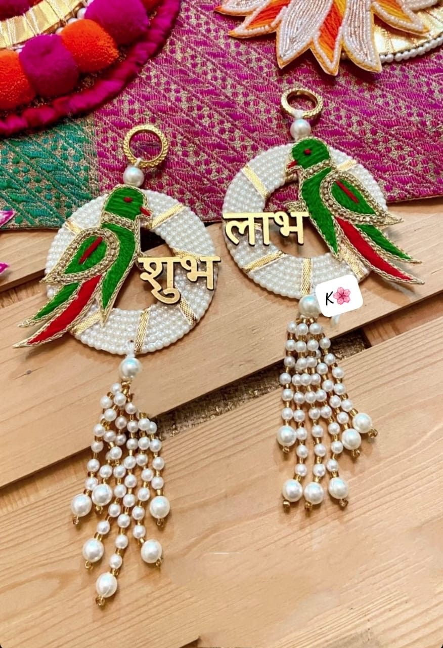 Nutts Handmade Shubh Labh Parrot Door Hanging Decorative | Traditional Pearl Wall Hanging Entrance Decor for Home Festival Decor Pack of 2 (SMALL185)