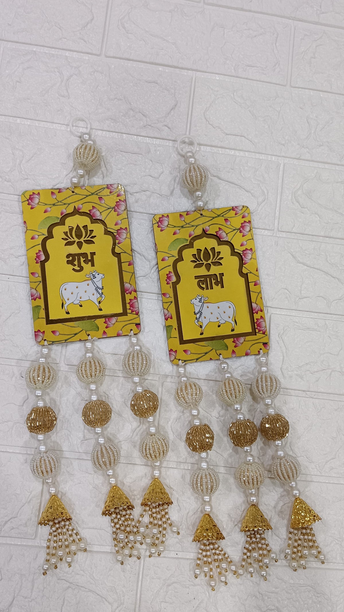 Pichwai Cow Shubh Labh Hanging, Decorative Wall Hanging with Beads Pack of 2 (Yellow) (SAMLL115-3)