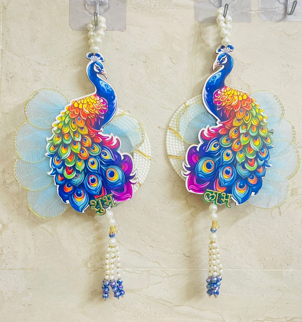 Nutts Shubh Labh Peacock Door Hanging Set for Home Décor | Handmade Peacock Wall Hanging with Pearl Beads & Crystal Tassels (Pack of 2) (Small132)