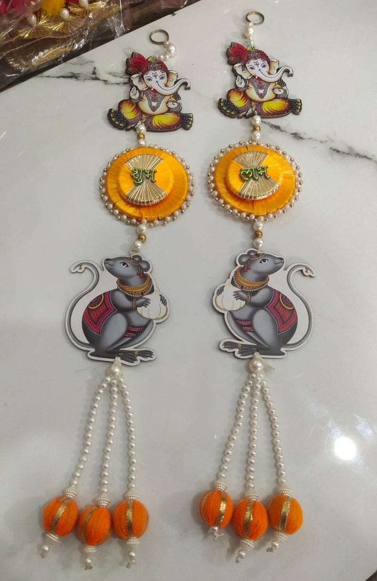 Handmade Shubh Labh Ganesh Ji Door Hanging with Mouse Design | Pearl Tassels Decorative Wall Hanging for Home Decoration Pack of 2 (SMALL74)