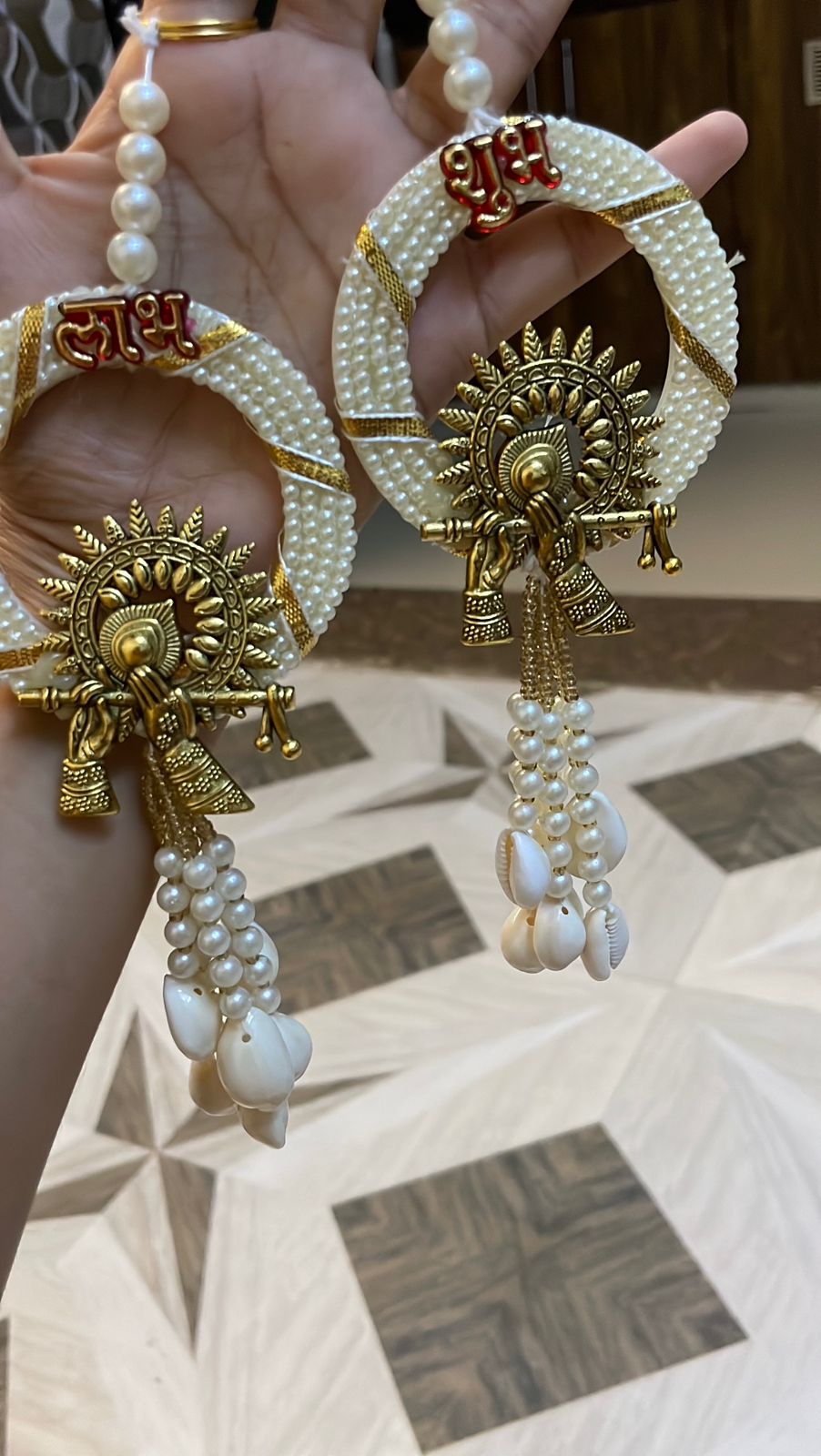 Nutts Decorative Handmade Traditional Brass Flute Small Hanging for Decoration Multicolour Hanging Shubh-Labh Toran for Festive Decor (Pack of 2) (SMALL66)