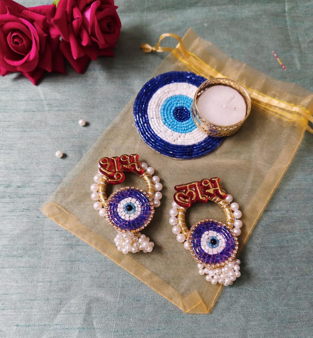 Nutts Traditional Decorative Evil Eye Hanging and Tealight Set for Home Decoration (Set of 1 Tealight 1 Shubh labh Pair)