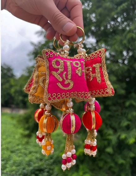 Decorative Shubh Labh Cushion with Gota Balls Latkan Hanging for Home Decor | Traditional Hanging for Main Door/Entrance Pooja Room Festival Items (Pack of 4) SMALL129