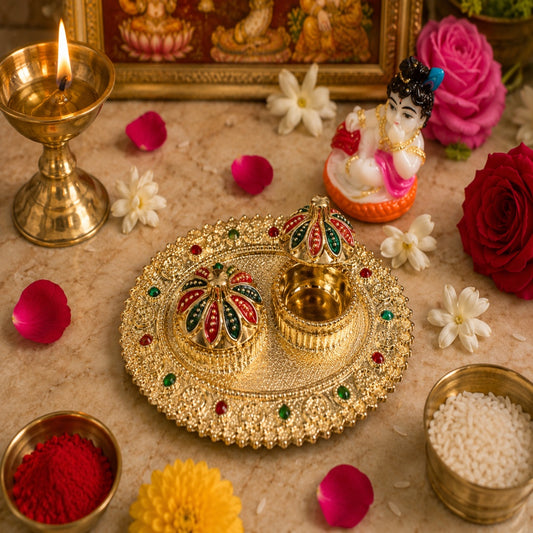 Nutts Decorative Pooja Thali Haldi Kumkum Holder Plate Gifts With Small Lord Set for Sprititual   Home & Office Decoration & Gifting  (PoojaP40-3)