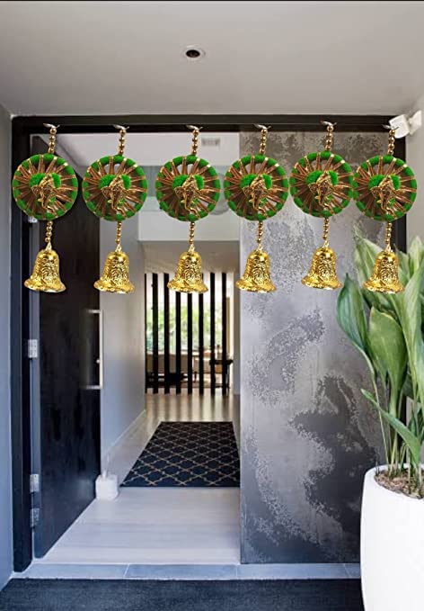 Nutts Handmade Wall Door Red Pom Pom String with Golden Beads, Ganesha Heads, Hanging Torans Decoration Item for Home Décor Diwali Festival, Navratri, Wedding (8 inch 12 Strings) (SMALL93)
