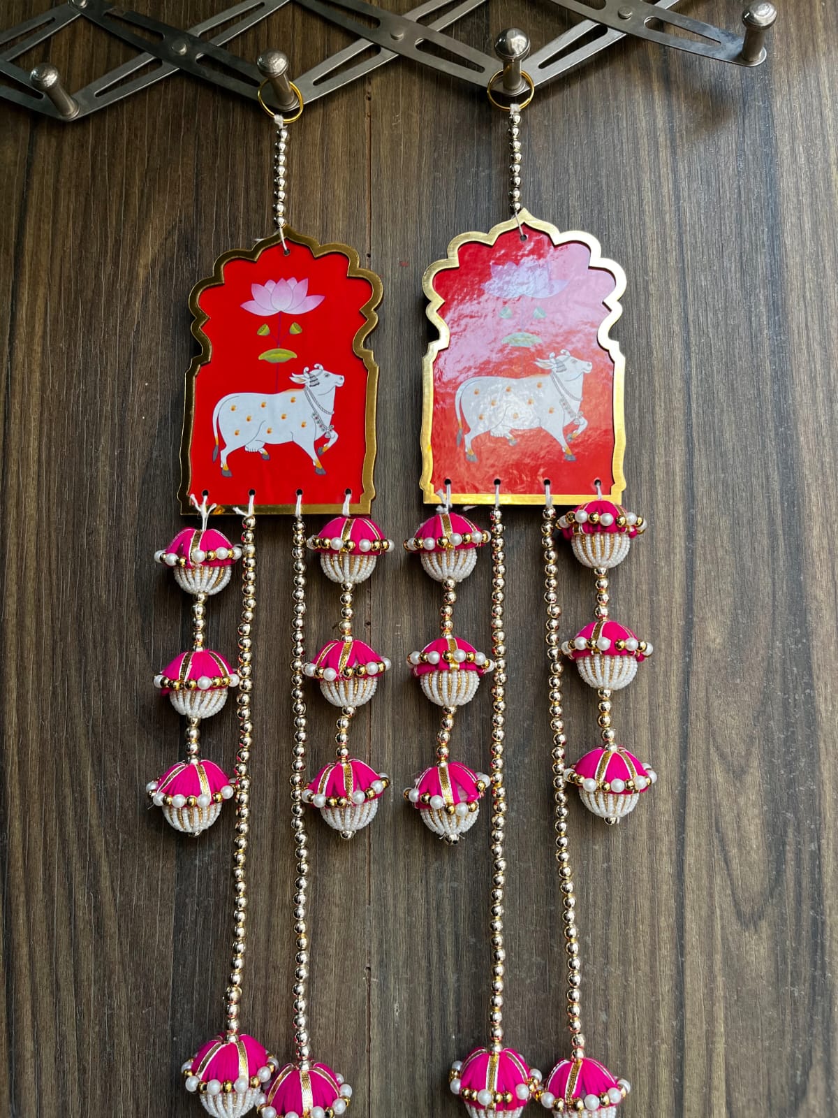 Nutts Handcrafted Cow MDF Door Hanging Wall Decor | Pink Tassels Traditional Home Entrance Decorative Latkan Pack of 2 (SMALL80-4)