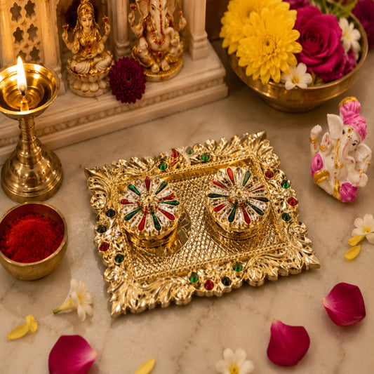 Nutts Decorative Pooja Thali Haldi Kumkum Chandhan Holder Plate Gifts With Small Lord Set for Home & Office Decoration & Gifting (Ganesh Ji Rectangle) (PoojaP39-1)