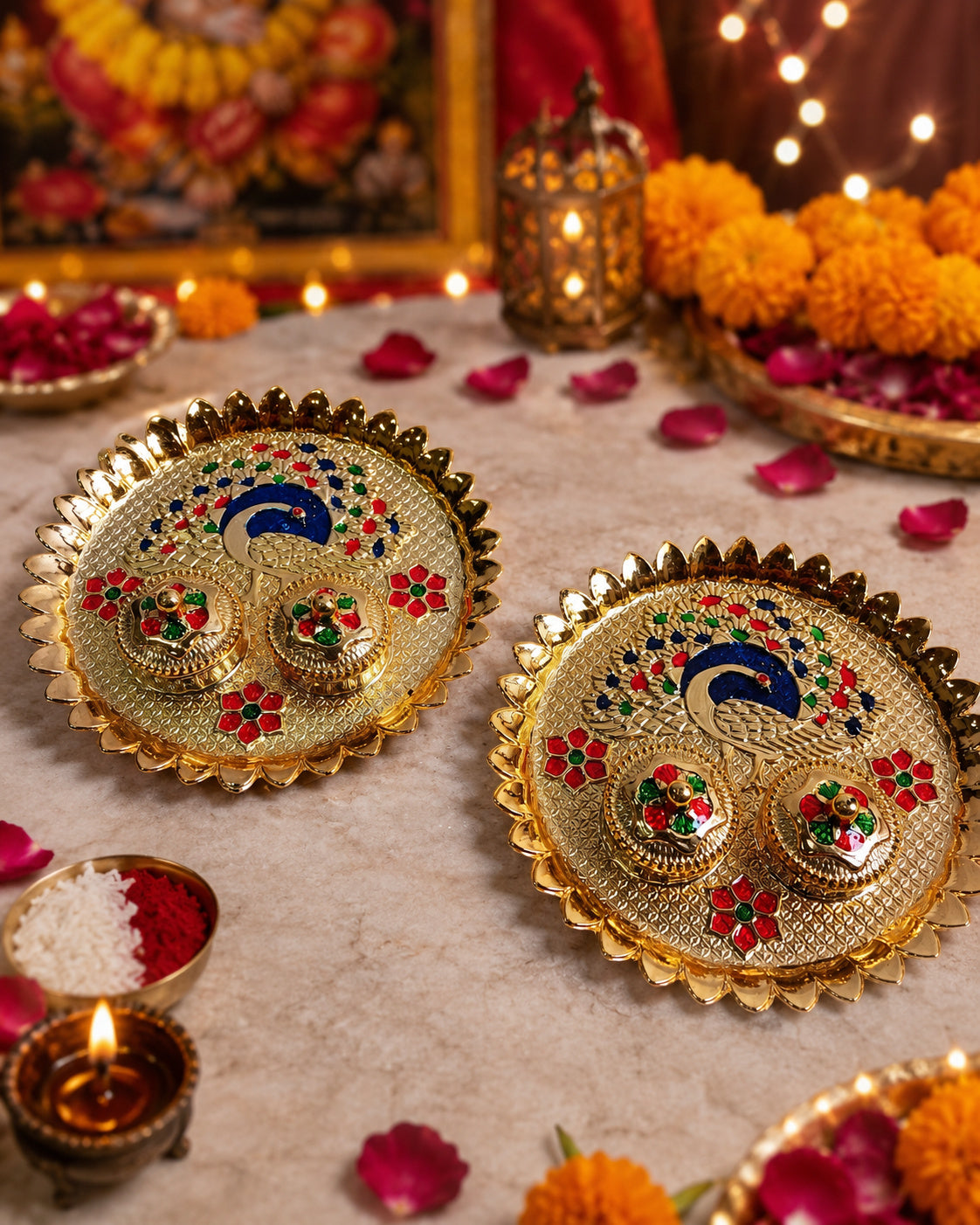 Nutts Decorative Traditional Peacock  Pooja Thali Elegant Festival Prayer Plate for Home Temple Daily Worship Religious Rituals Festive Decoration (PoojaP32-2)