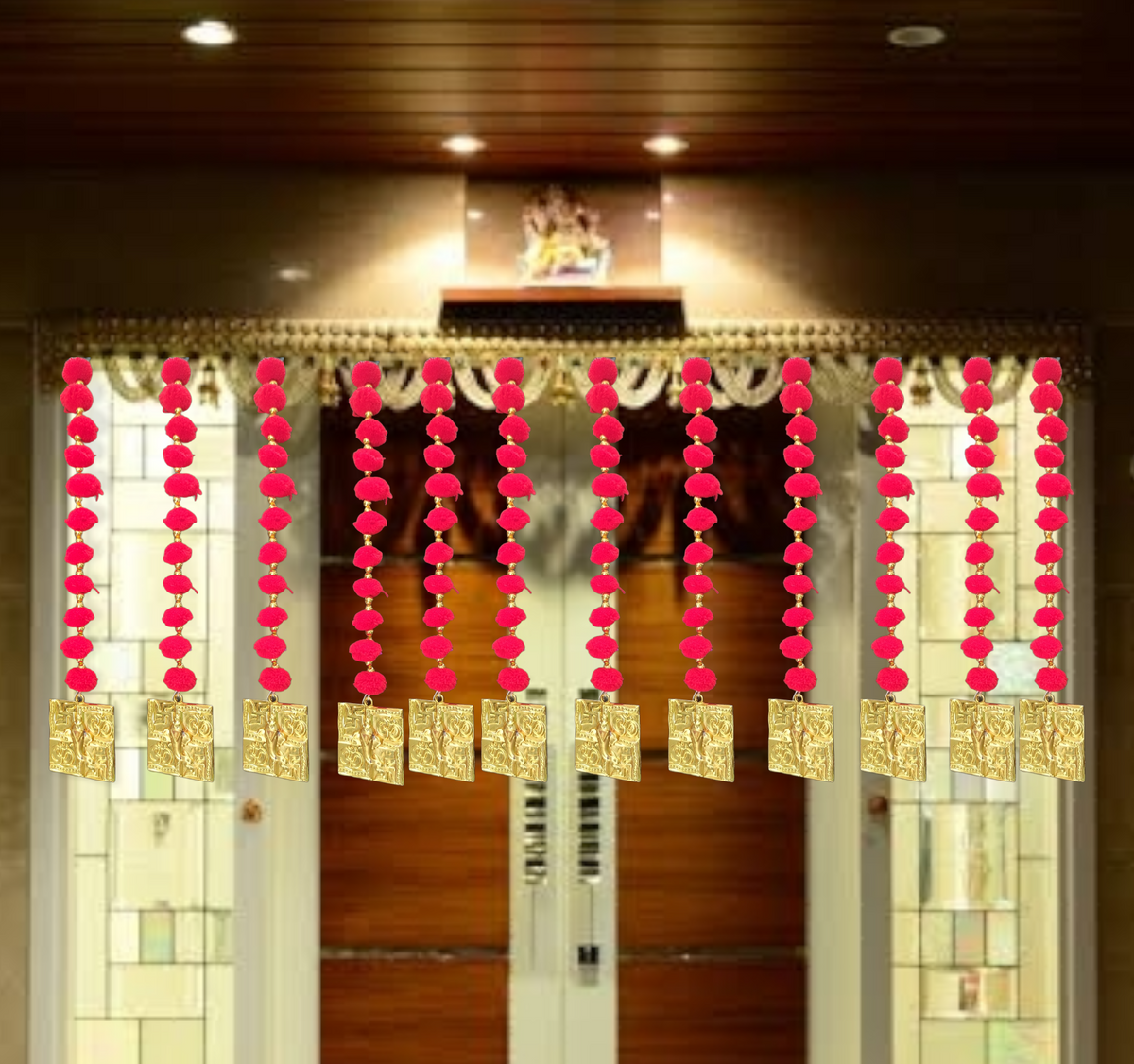 Nutts Handmade Wall Door Pom Pom String with Golden Beads, Garland Bandhwar Decoration Item for Home Décor Diwali Festival, Navratri, Wedding (12 inch 12 Strings) (SMALL81)