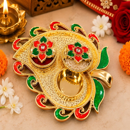 Nutts Decorative Pooja Thali Haldi Kumkum Chandhan Holder Plate Gifts With Small Lord Set for Home & Office Decoration & Gifting (Ganesh Ji Leaf Shape) (PoojaP21-1)