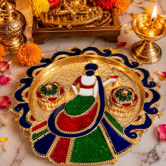 Nutts Decorative Traditional Pooja Thali for Daily Worship Festival Celebration Temple Home Mandir Diwali Navratri Karwa Chauth Elegant Prayer (PoojaP35-3)