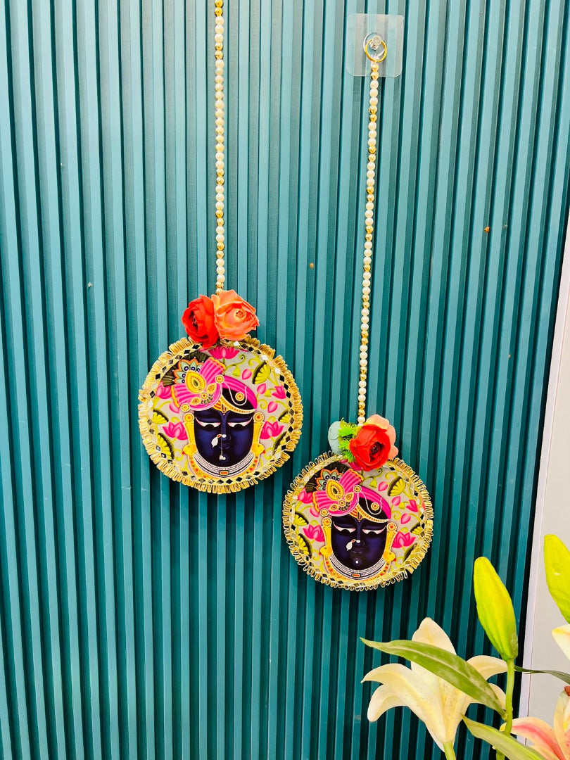 Nutts Handcrafted Shrinathji Wall Hanging | Krishna Decorative Hanging with Pearl String | Pichwai Inspired Home Décor | Temple & Festive Decoration Pack of 2 (Small164)