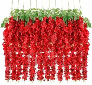 Red Artificial Wisteria Hanging Garland Silk Long Hanging Bush Flowers String Home Party Wedding Decor ( 12)