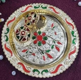 Nutts Decorative Pooja Thali Haldi Kumkum Chandhan Holder Plate Gifts With Small Lord Set for Home & Office Decoration & Gifting  (PoojaP14-2)