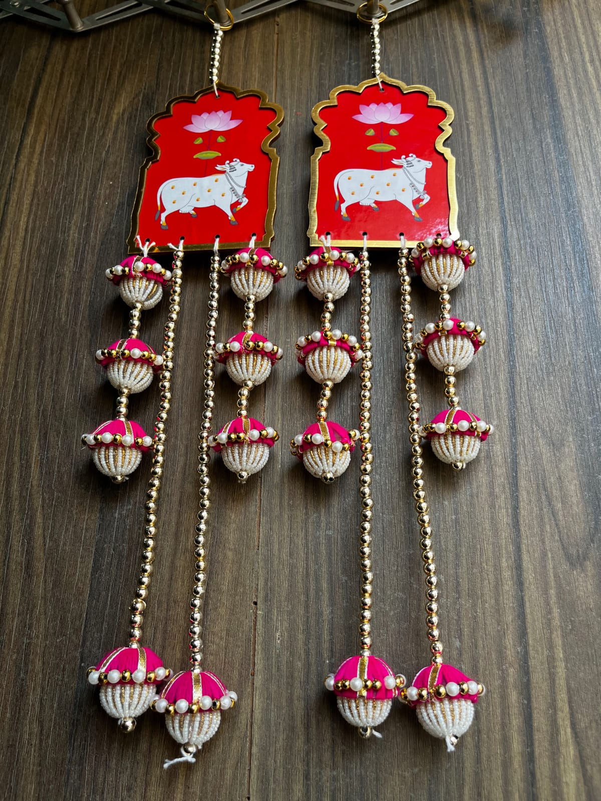Nutts Handcrafted Cow MDF Door Hanging Wall Decor | Pink Tassels Traditional Home Entrance Decorative Latkan Pack of 2 (SMALL80-4)