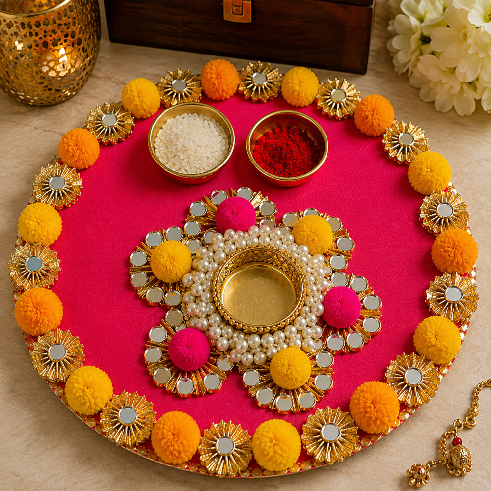 Nutts Handmade Decorative Hindu Prayer Plate Pooja Thali for Diwali Navratri Wedding Ritual and Gifting Pack Of 1) (PoojaP50)