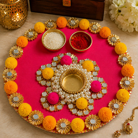 Nutts Handmade Decorative Hindu Prayer Plate Pooja Thali for Diwali Navratri Wedding Ritual and Gifting Pack Of 1) (PoojaP50)