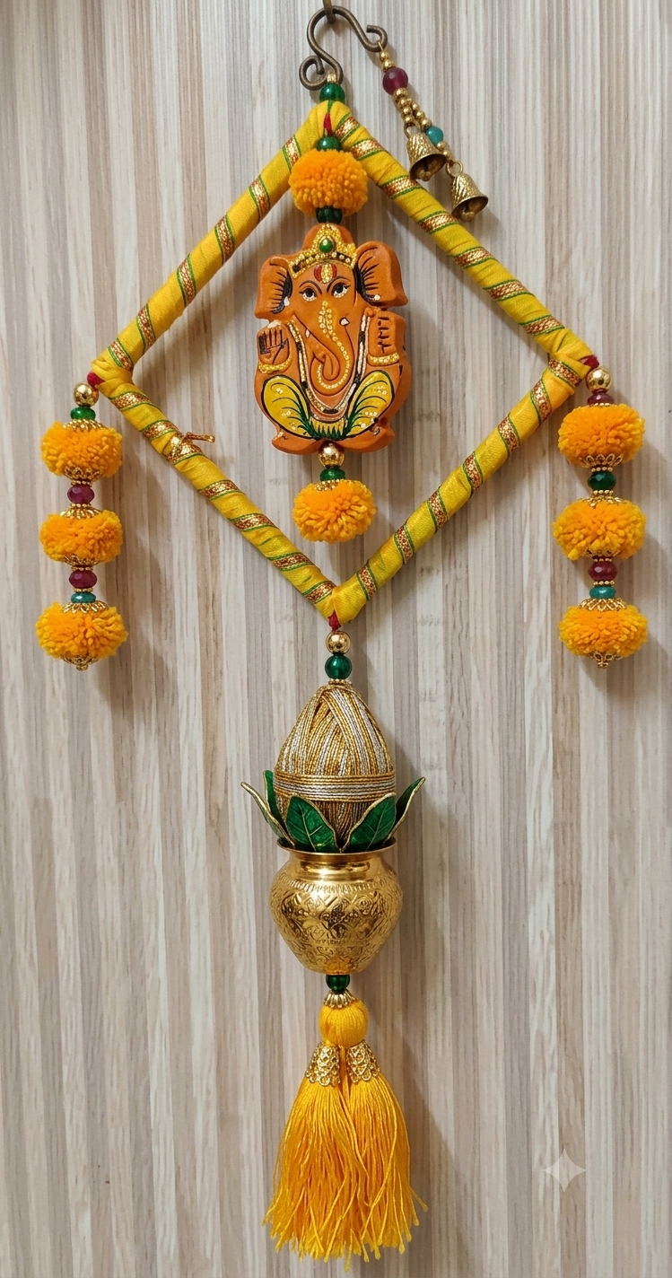 Nutts Handmade Ganesh Ji Wall Door String with Latkan &, Beads Hanging Torans, Garland for Decoration Set of 1 (SMALL107-2)
