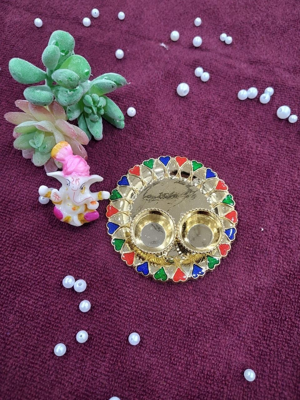 Nutts Decorative Pooja Thali Haldi Kumkum Chandhan Holder Plate Gifts With Small Lord Set for Home & Office Decoration & Gifting (Ganesh Ji) (PoojaP15-2)