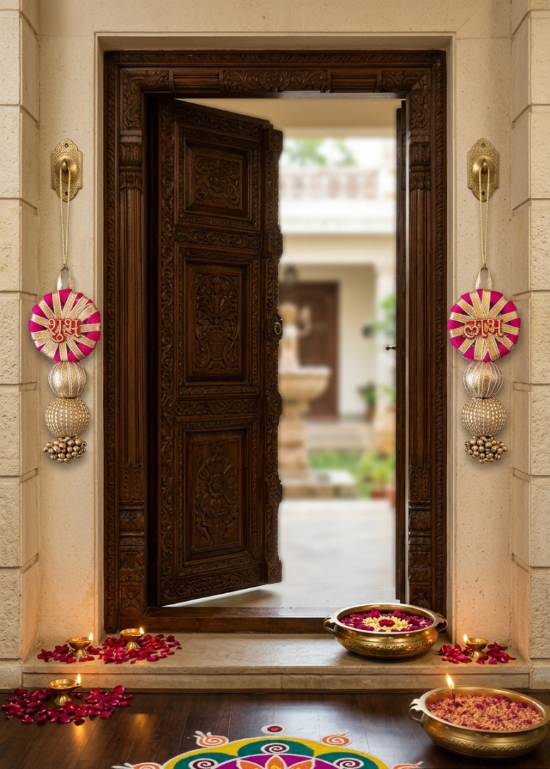 Nutts Decorative Handmade Multicolour Hanging | Traditional Shubh-Labh Hanging for Decoration | Lotus Hanging for Home Decor Pack of 2 (Small141)
