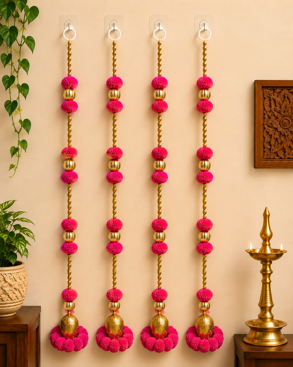 Nutts Handmade Decorative Multicolour Pom-Pom Beads Toran for Decoration | Pom-Pom Beads Bell Toran (PMPMT13-5)