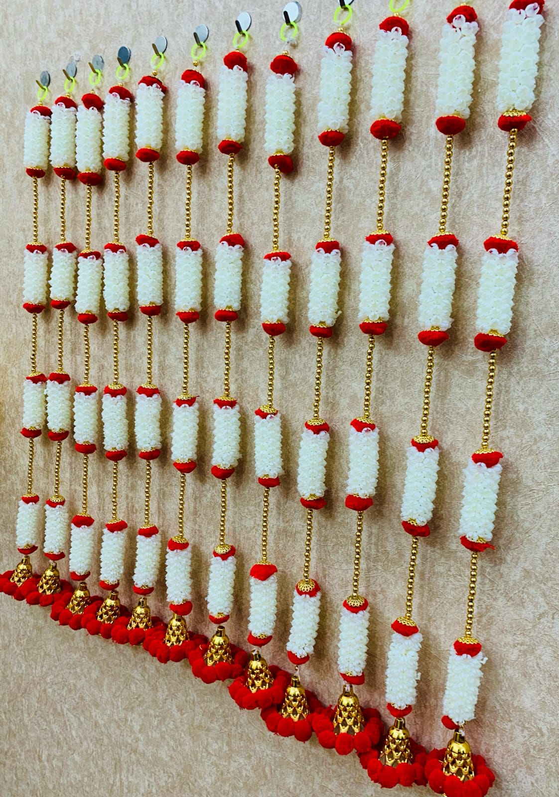 Mogra Toran Wall Hanging, Traditional Flower Garland, Red White Orange, Festival Decor Pack of 6 (MOGRA [ 22])(MOGRAH11)