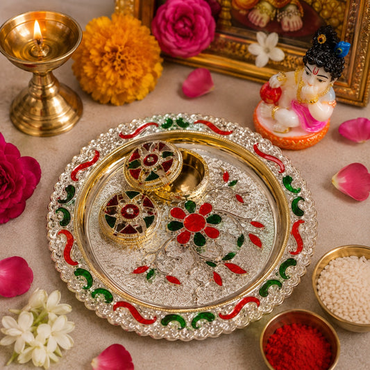 Nutts Decorative Pooja Thali Haldi Kumkum Chandhan Holder Plate Gifts With Small Lord Set for Home & Office Decoration & Gifting  (PoojaP14-2)